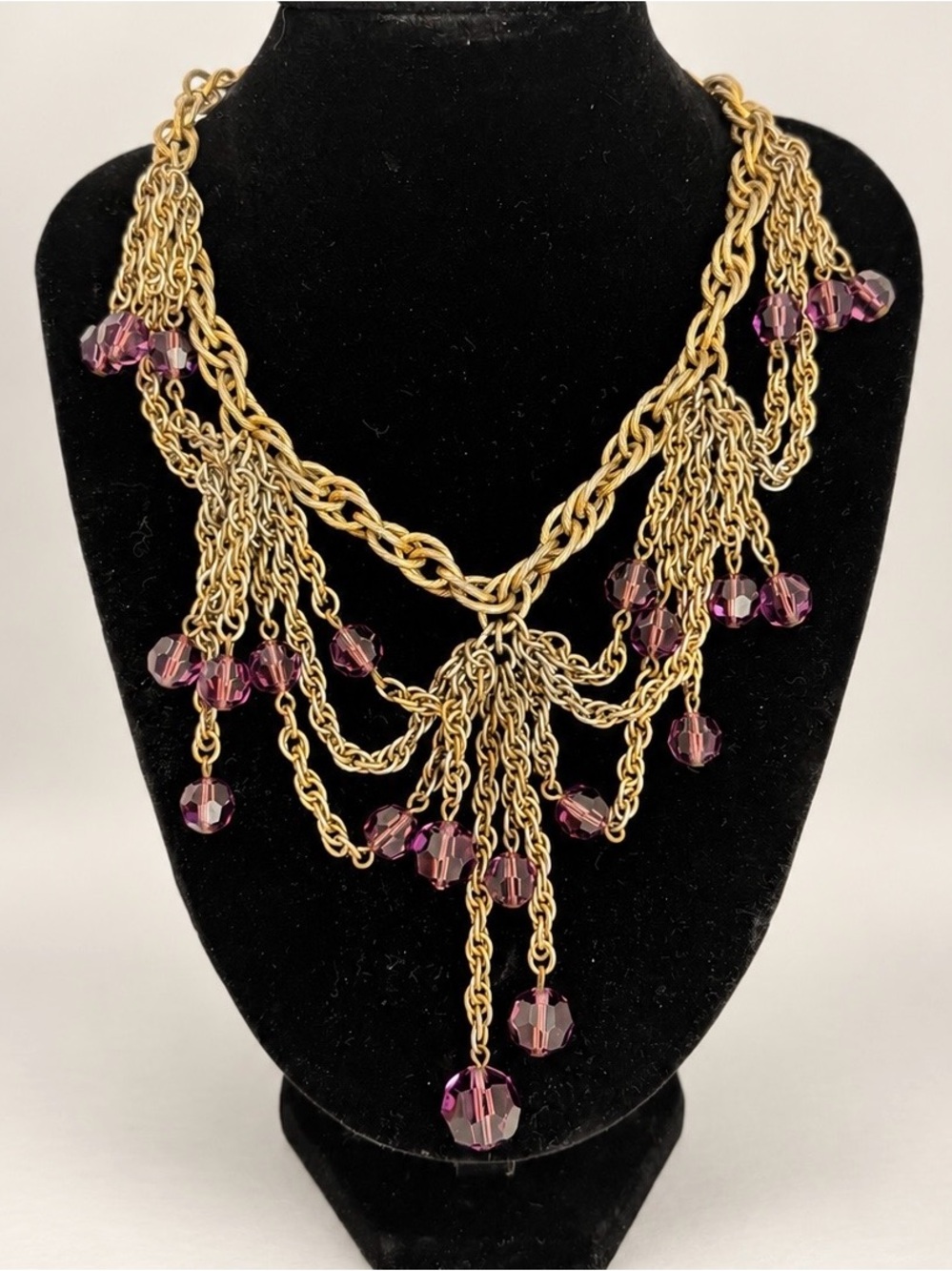 Vintage Napier Purple Bead Gold Tone Cascade Statement Necklace